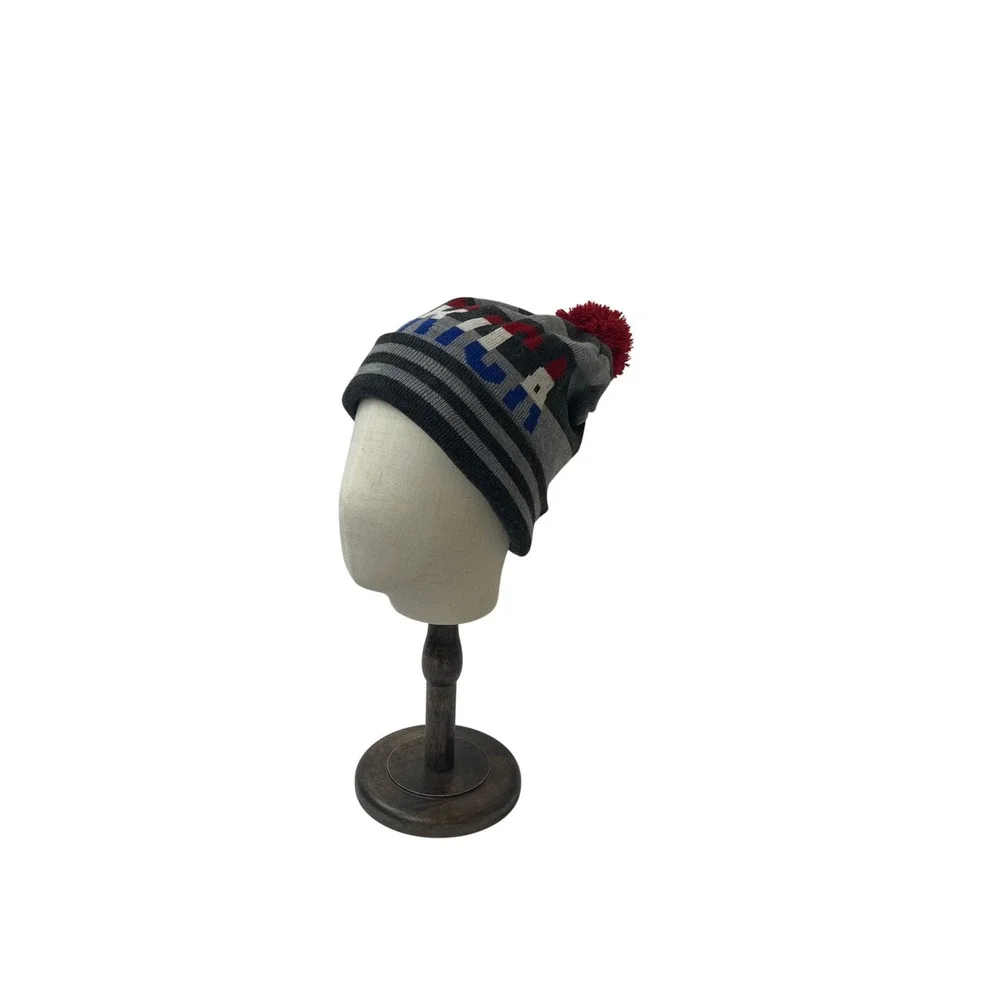 American Eagle Murica Beanie Grey Striped Pom Pom Knit Hat Patriotic One‎ Size